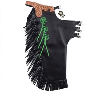Chaps de Rodeo Longs en Cuir Pleine Fleur Respirant Faits Main Personnalisés avec Broderie Florale Patchwork et Applique Ceinture à Franges - Unisexe - Product Image 1