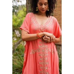 Coral Embroidered Organza Floral Print Breathable V-neck <b>Kaftan</b> Dress Boho <b>Beach</b> Cover up Loose Fit Resort Wear Summer Maxi - Product Image 2