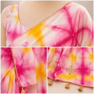 Sari de mariage vintage Tie Dye Jaipur Shibori rose jaune en modal, vente en gros, broderie miroir, vêtements de fête pour femmes, OEM - Product Image 4