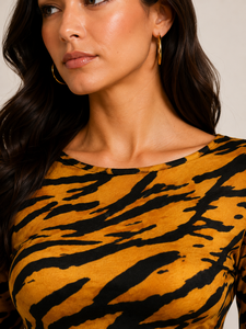 Robe Courte Femme Écologique Imprimé Tigre Manches Longues Manchette Évasée Moulante Décontractée Quotidienne Orange Noir - Product Image 4