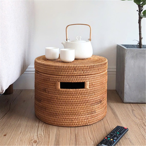 Panier de rangement rond en rotin, best-seller, avec couvercle et poignées découpées, pour la maison, l'hôtel, la station balnéaire, le salon, l'étagère, le bureau, la décoration - Product Image 1