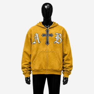 Sudadera con capucha dorada con cremallera, estilo gótico oversize con gráfico de cruz y letras AB, streetwear unisex, moda casual, varios estilos. - Product Image 1