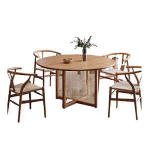 Ensemble de table à manger ronde en rotin de style japonais, meubles de salle à manger en bois pour 4 personnes, utilisation intérieure/extérieure, restaurant. - Product Image 1