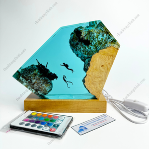 Irregular Epoxy <b>Resin</b> Ocean Art Lamp With Wooden Base Animal Pattern Home Decoration <b>Sculpture</b> Made in VietNam - Product Image 5