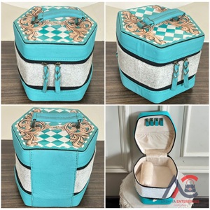 High End Western <b>Tooled</b> Cowhide Turquoise Checkered <b>Leather</b> Jewelry Case Premium Double Layer <b>Leather</b> Travel Jewelry Organizer - Product Image 1