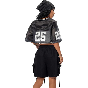 Maillot de football court en maille noire pour femme, coupe oversize, numéro 23, style streetwear, t-shirt de sport, logo personnalisé - Product Image 3