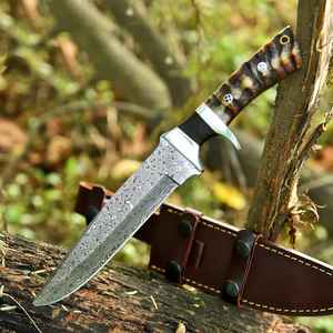 Couteau de chasse artisanal en acier Damas de qualité supérieure, couteau à lame fixe pour le quotidien, manche en os de chameau avec étui en cuir - Product Image 5