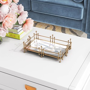 Gold Plated Rectangle Storage <b>Tray</b> With <b>Mirror</b> Base Modern Luxury Design Single Tier Table Use Neatening Organizer - Product Image 2