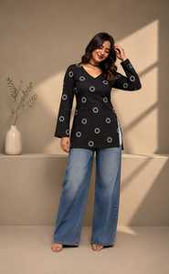 Kurta d'été noir imprimé en rayonne, coupe droite simple, col en V, manches longues, style décontracté, pour femme, style Inde Pakistan - Product Image 6