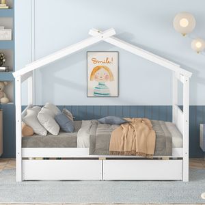 Letto a capanna in legno bianco a grandezza naturale con cassetti per bambini - Product Image 2