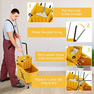 Seau à serpillière jaune de 38 litres avec poignée et essoreuse à pression sur roulettes, chariot de nettoyage en plastique PP - Product Image 5