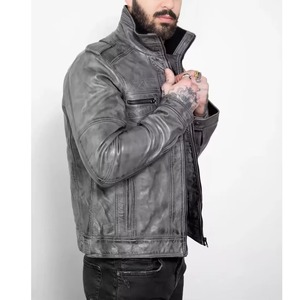 Chaqueta de Motociclista de Cuero Genuino Lavado para Hombre, Cuello Alto, Cierre de Cremallera, Corte Ajustado, Manga Regular, Color Sólido, Ropa de Abrigo para Otoño - Product Image 2