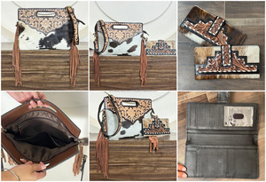 Nuevo Bolso de Lujo de Gran Capacidad de Cuero Genuino Grabado a Mano con Cremallera y Flecos, Tipo Bandolera, con Cartera Bifold y Clutch, Set de Dos Piezas - Product Image 3