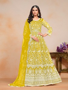 Traje Anarkali Moderno Bordado en Tela de Red, Semi-Cosido, para Bodas y Fiestas Diwali, Largo hasta el Suelo - Product Image 4