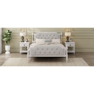 Cadre de lit en bois massif de style traditionnel blanc antique avec tête de lit rembourrée tuftée sans sommier - Product Image 3