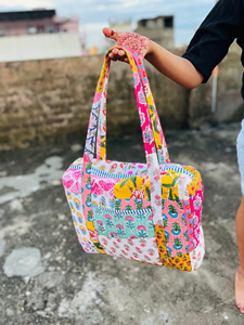 <b>Women's</b> Large Cotton Quilted Weekender <b>Duffle</b> <b>Bag</b> Boho Style Printed Lightweight Outdoor Travel Luggage for Vacation Holidays - Product Image 2