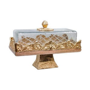 Support à gâteau rectangulaire en bois avec dôme en verre |   Plateau en bois sur piétement pour beurre, fromage et accompagnements - Product Image 3