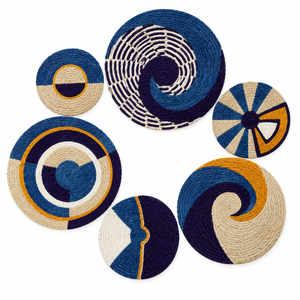 Juego de 6 piezas de arte mural bohemio de yute personalizable, decoración redonda tejida en espiral en azul, azul marino y mostaza para venta al por mayor - Product Image 2