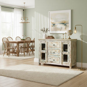 Farmhouse Whitewashed Reclaimed Wood Sideboard Strong Durable 2 <b>Glass</b> Doors 3 <b>Drawers</b> Rustic Shabby Chic Buffet Cabinet Room - Product Image 3