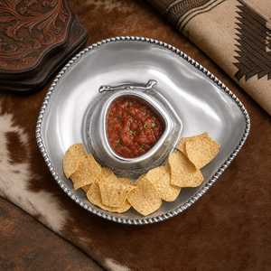 Assiette de service en métal de forme irrégulière avec bol à sauce, design sud-ouest, passe au lave-vaisselle, idéale pour les apéritifs de fête et le service en restaurant - Product Image 1