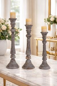 Ensemble de 3 porte-bougies rustiques en bois de manguier, faits à la main, art moderne, finition blanchie et brûlée, pour bougies votives et pilier, décoration de Noël pour la maison - Product Image 4