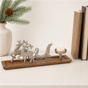 Porte-bougie en métal fait main en forme de renne sur plateau en bois de manguier, support vintage argenté pour bougies chauffe-plat de Noël, pour une décoration festive de la maison - Product Image 3