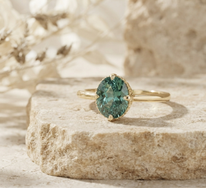 Wholesale Custom Fine Jewelry 14K Gold Oval <b>Green</b> Stone Engagement <b>Ring</b> Minimalist Luxury Vintage Milgrain Solitaire <b>Ring</b> - Product Image 4