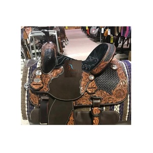 Selle de cheval Western en cuir brun foncé pour barrel racing, avec siège noir tressé à la main à motifs floraux et ensemble de harnais, de 10 à 18 pouces - Product Image 2