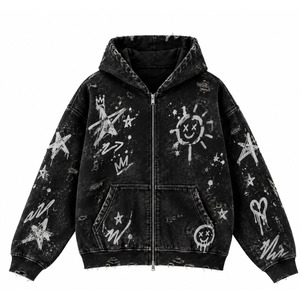 Sudadera con capucha para hombre de algodón lavado a la piedra con cremallera, estilo oversize, estampado punk de grafiti, efecto desgastado y lavado ácido - Product Image 1