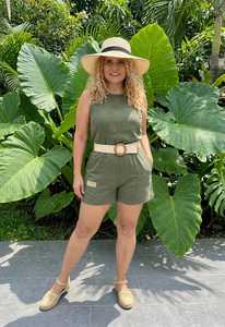 <b>Women</b> <b>Linen</b> Sleeveless Romper Set Crew Neck Shorts with Belt Summer Casual <b>Jumpsuit</b> - Product Image 4