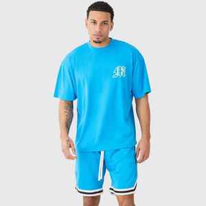 Men's Blue Crew Neck T-Shirt Set Solid Color Knitted Casual Summer Wear Breathable Street Style - Product Image 1