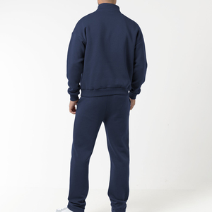 Men's <b>Navy</b> Blue Quarter Zip <b>Sweatshirt</b> Set Regular Fit Casual Solid Color Knitted French Terry Autumn Wear - Product Image 4