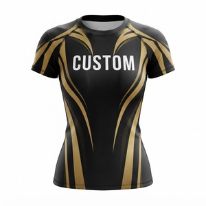 <b>Women</b> Custom Sublimation Compression <b>Rashguard</b> Top Short Sleeve Black Gold Quick Dry Athletic Training Shirt Polyester - Product Image 1