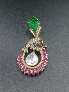 Peacock <b>Brooch</b> Emerald Cut Green Stone Ruby Accents Gold Plated Unisex Wedding Engagement Party Jewelry Statement Piece - Product Image 3