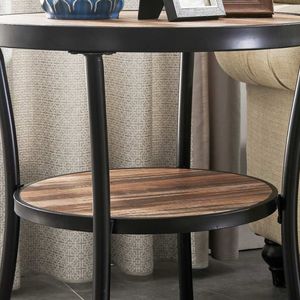 Table d'appoint ronde à 2 niveaux en bois d'acacia massif avec structure en métal noir pour salon, chambre, hôtel, meubles de maison - Product Image 3