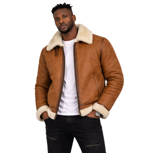 Veste aviateur pour homme, marron, fermeture éclair, col en peau de mouton, veste bomber d'hiver, veste chaude et tendance - Product Image 1