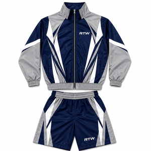 Ensemble de survêtement RTW bleu marine, gris et blanc à imprimé géométrique, manches longues, fermeture éclair, sportif, en polyester, unisexe adulte, printemps - Product Image 1
