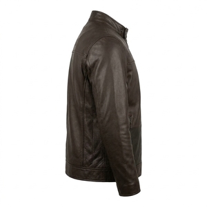 Dark <b>Brown</b> Full Grain <b>Leather</b> Biker <b>Jacket</b> Snap Collar Perforated Side Panel Men Moto Coat Bulk Vendor Factory - Product Image 3