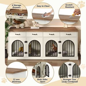 70.8\" Large Dog <b>Crate</b> Furniture with Removable Divider Door & 4 <b>Storage</b> Drawers Indoor Kennel End Table for 2 Dogs - Product Image 3