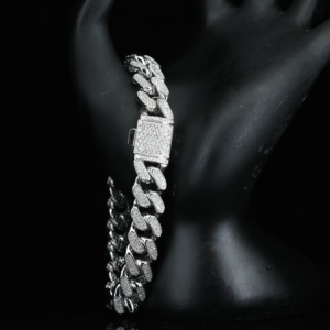 925 Solid <b>Silver</b> Cuban Link Chain <b>Bracelet</b> 12mm & 17mm Wide 2-Row Free Fire Moissanite & Diamond Stylish <b>Bangles</b> - Product Image 2