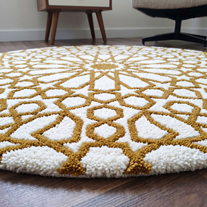 Tapis en laine géométrique rectangulaire couleur or moutarde ivoire, tufté à la main, antidérapant, motif étoile radiale, motifs mosaïques décoratifs - Product Image 5