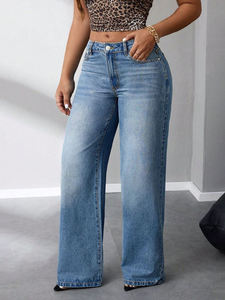 High Waist Wide Leg Denim Pants Full Length Loose Fit Casual Style Stonewashed Blue <b>Jeans</b> With <b>Button</b> <b>Fly</b> - Product Image 3