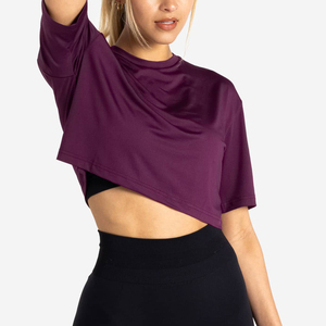 T-shirts courts unis surdimensionnés à manches courtes pour femmes, 100 % coton, coupe ajustée, style patchwork, idéaux pour la gym, en promotion - Product Image 2