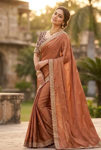 Sari en soie Georgette traditionnel indien avec broderie pour femmes, tenue élégante pour mariage et fêtes - Product Image 3