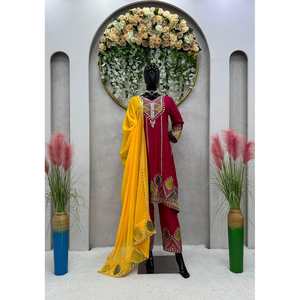 DISEÑADOR CHINON HILO SECUENCIA TRABAJO TOP PANT CON DUPATTA RANI - Product Image 1