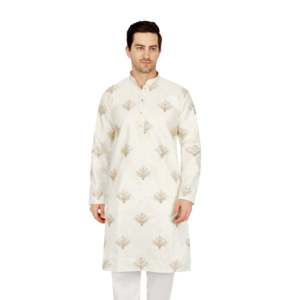 Ensemble de kurta pour homme en satin semi-soie blanc avec motifs en éventail métalliques et embellissements en sequins - Product Image 2
