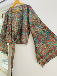 Bohemian Long Bell Sleeve Silk Tie <b>Top</b> for Women Hippie Wrap Crop <b>Top</b> Floral Print Summer Wear Front Tie <b>Top</b> for Beach Wear Bulk - Product Image 2