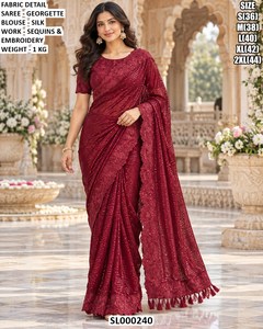 Sari de Georgette color granate con blusa de seda, bordado con lentejuelas, sari tradicional para boda para mujer - Product Image 1
