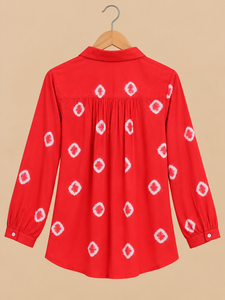 Women's <b>Red</b> Geometric Print Long Sleeve Button Down Shirt Casual Loose Fit Poplin <b>Blouse</b> Full Sleeve Shirt Collar Design - Product Image 1