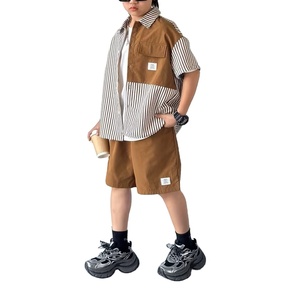<b>Boys'</b> Summer Casual Cotton Woven Outfit Set Featuring Striped Print Shirt Stylish Brown Color-Block Top Trendy Button-<b>Up</b> Shirt - Product Image 1